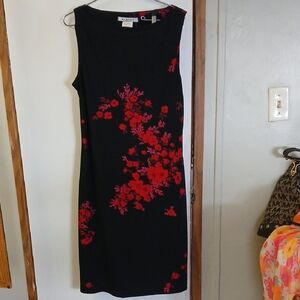 La Belle Black Midi Dress with Red Floral Design